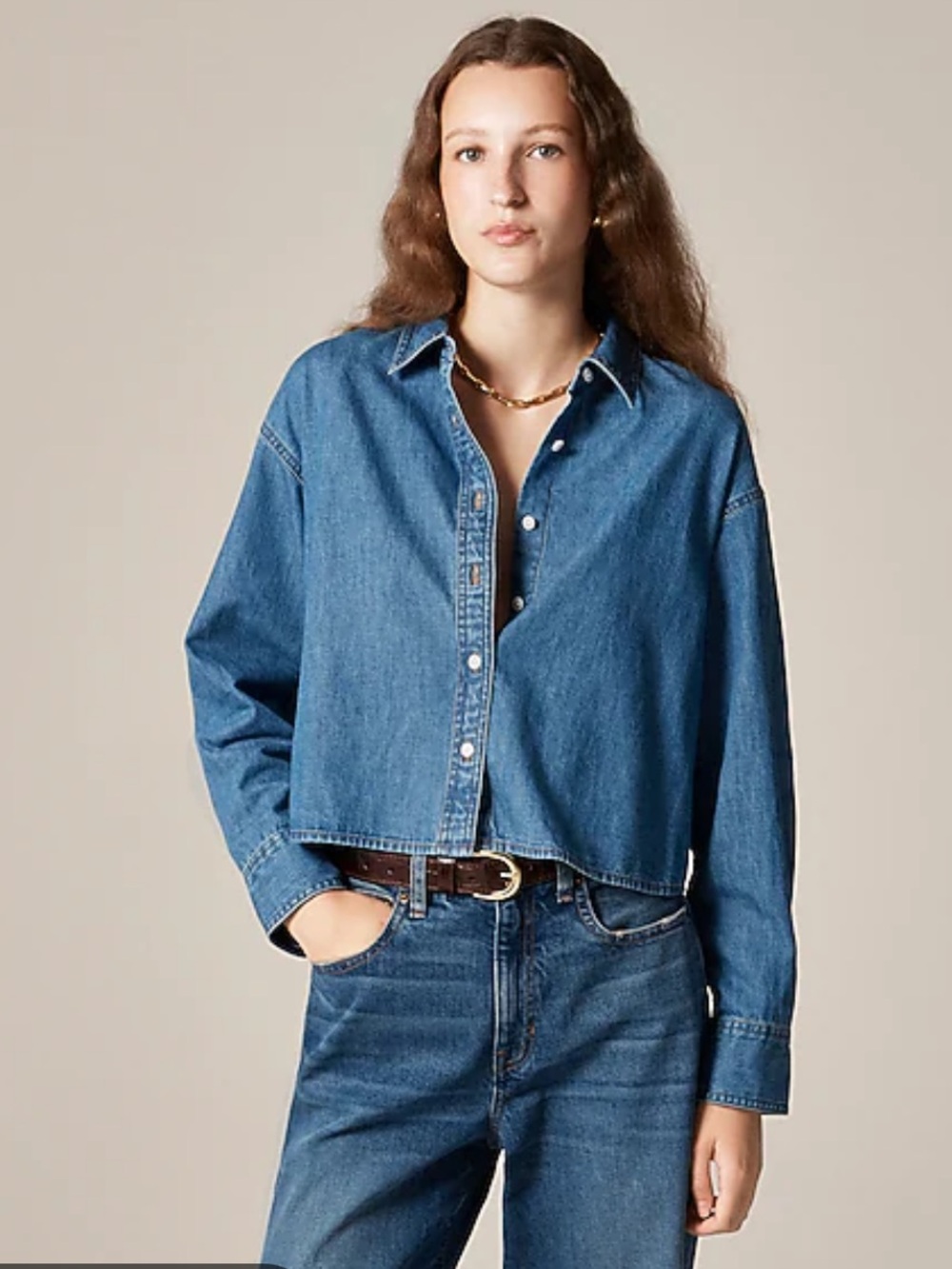 J. CREW CROPPED BUTTON DOWN DENIM SHIRT